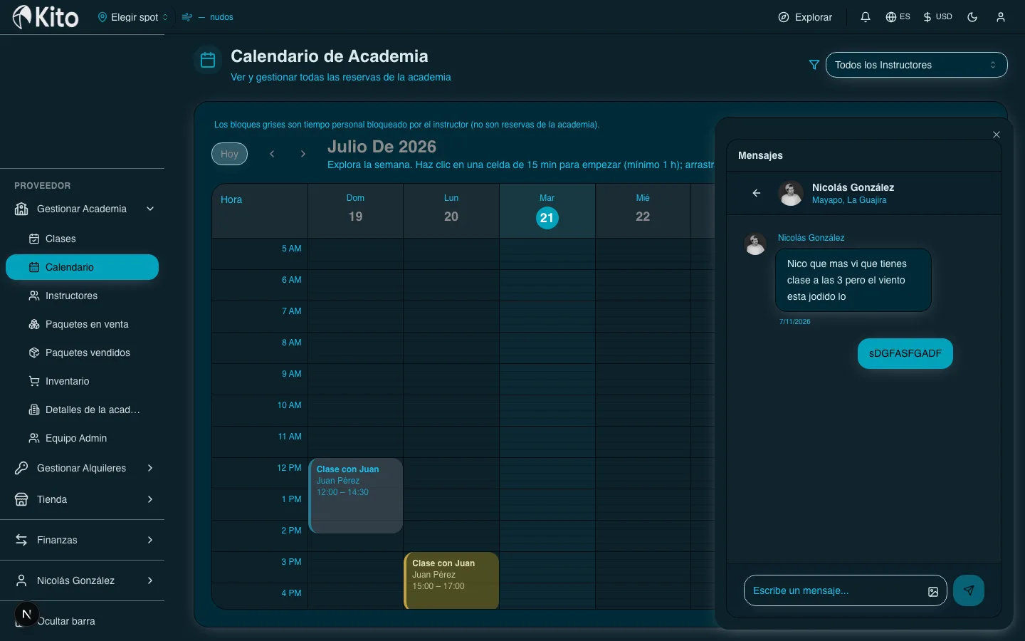 Hub de mensajes abierto sobre el calendario de academia en Kito.
