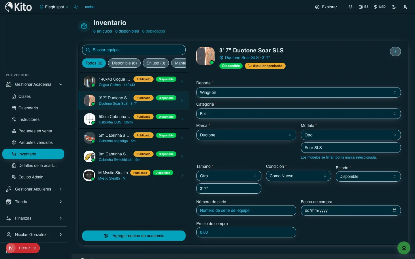 Inventario de equipo de academia en Kito.