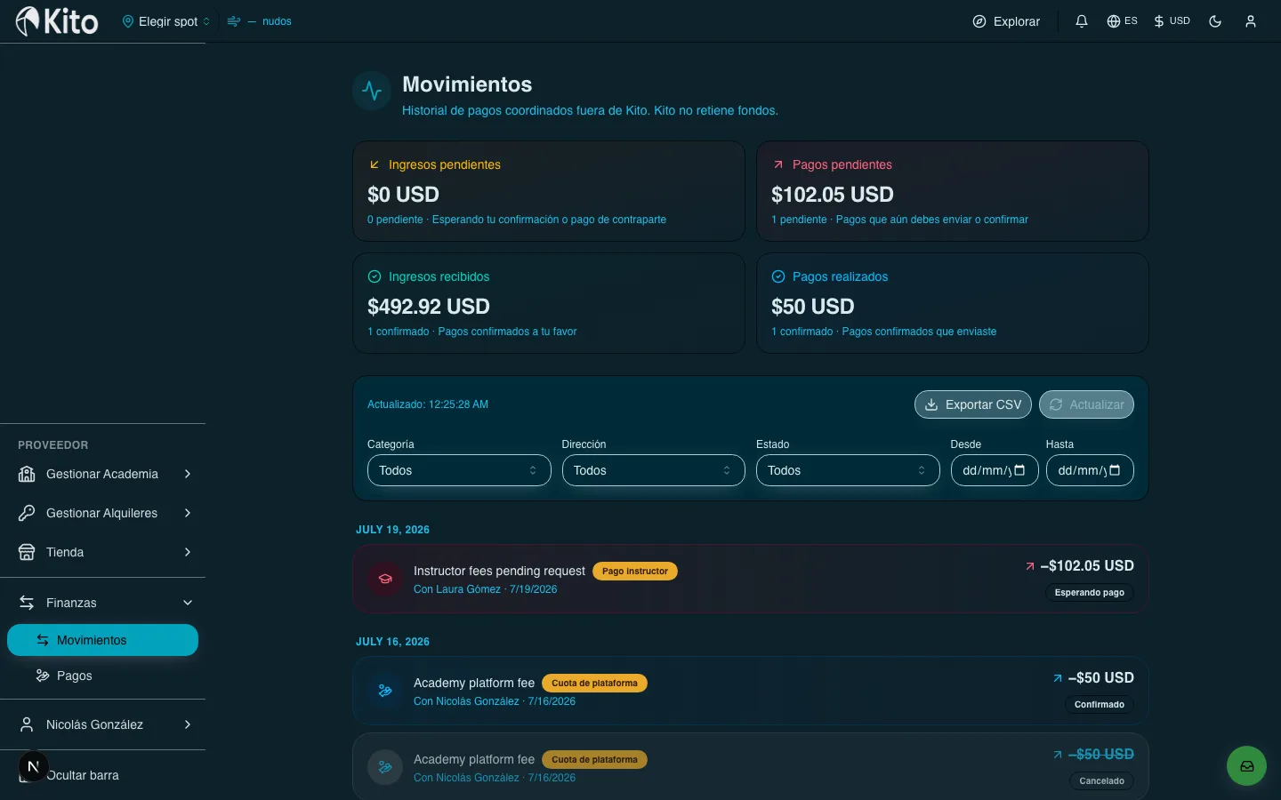 Página de movimientos financieros de academia en Kito.