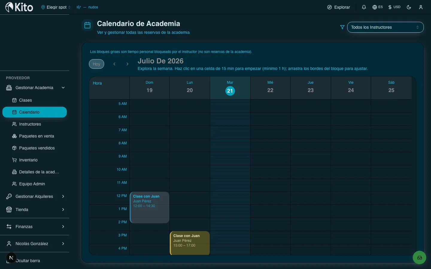 Calendario semanal de academia en Kito.
